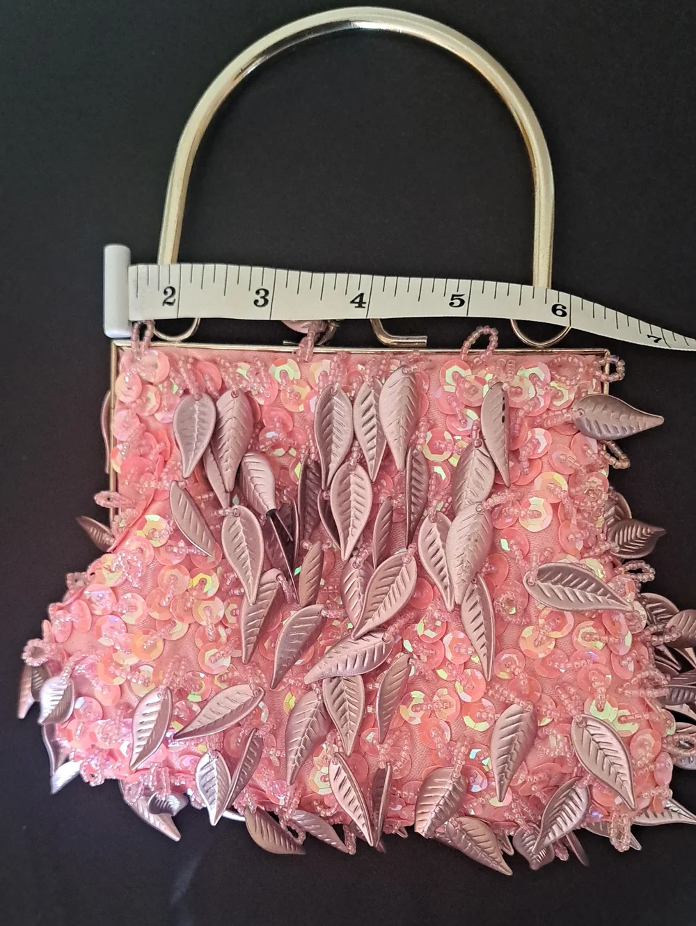 Pink Leaf Sequin Evening Clutch with Top Handle